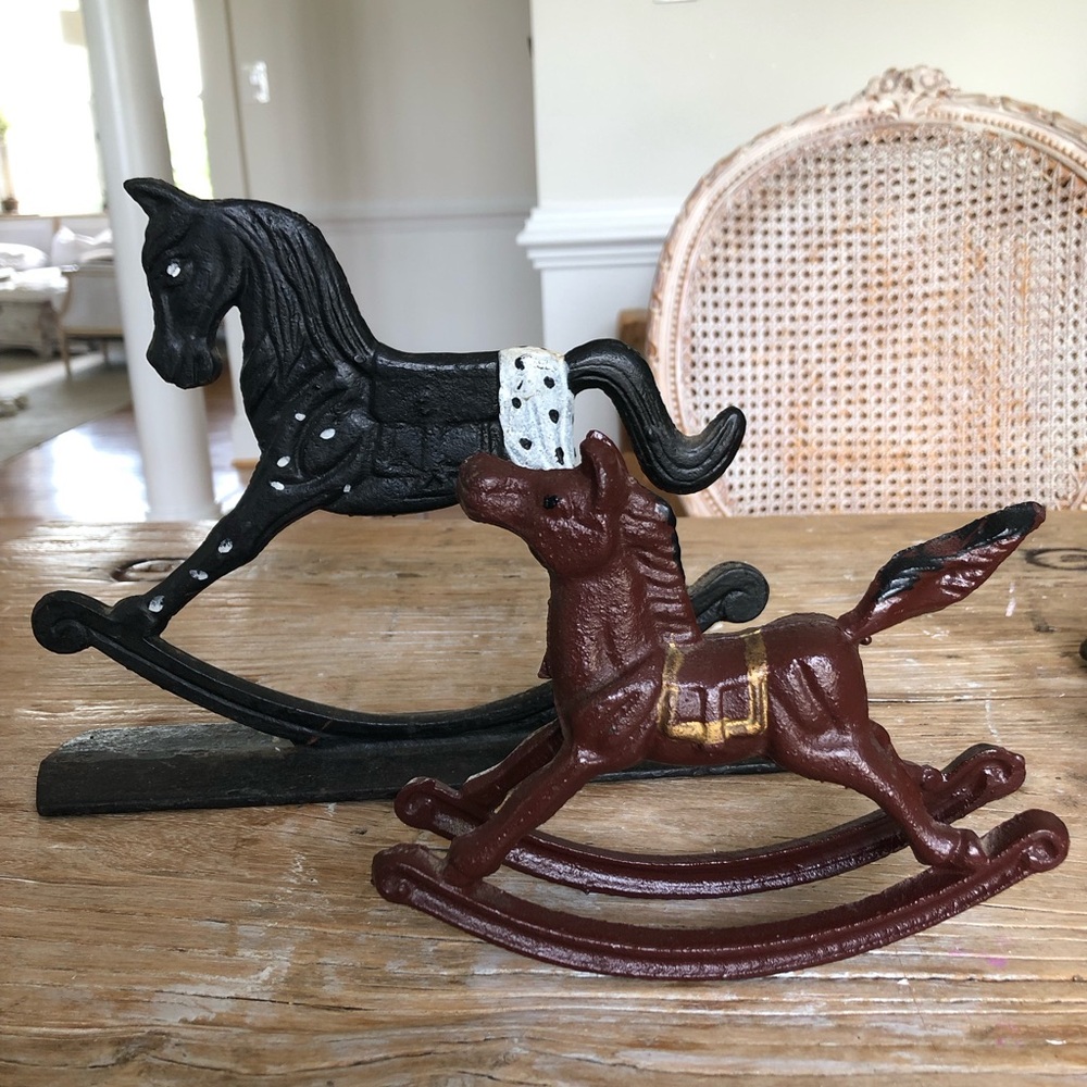 Set of 2 vintage antique cast iron rocking horse